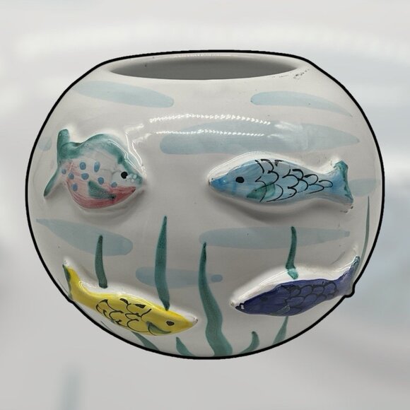 Italian Round Pottery Fish Bowl Vase 3D Fish Hand Crafted Hand Vintage Collectib - Picture 14 of 15